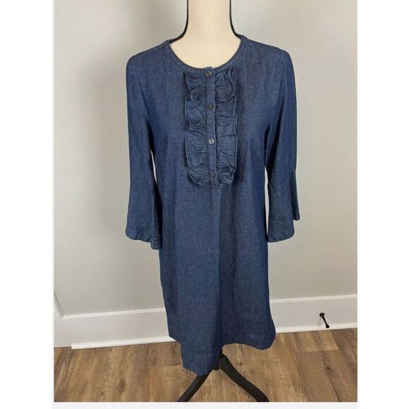 Draper James Dress Blue Denim Chambray Cotton Ruffled Front Casual - Picture 2 of 9